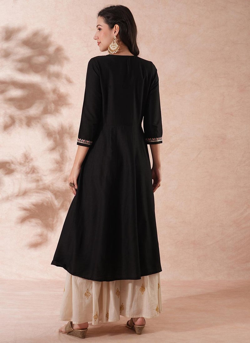 Globus Women Black Floral Yoke Design Zari & Sequinned Round Neck Anarkali Festive Kurta - Image 4